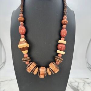 Vintage Chunky Wood Necklace Multi Color Stain Beads Barrel Closure Natural 24”